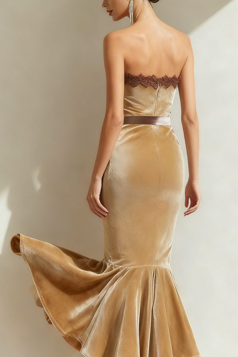 Formal Party Dress Khaki Mermaid Strapless Velvet Midi Dress with Lace