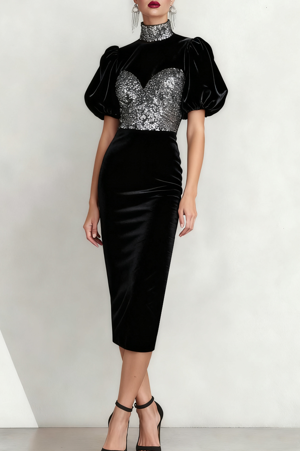 Formal Dress Black Bodycon High Neck Velvet Midi Dress with Sequin