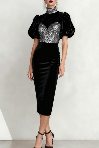 Formal Dress Black Bodycon High Neck Velvet Midi Dress with Sequin