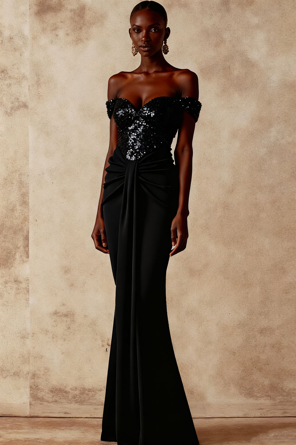 Evening Formal Dress Golden Off the Shoulder Sequin Maxi Dress