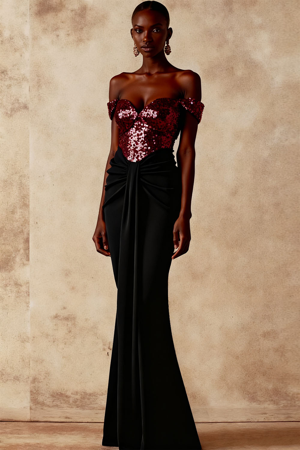 Evening Formal Dress Golden Off the Shoulder Sequin Maxi Dress 