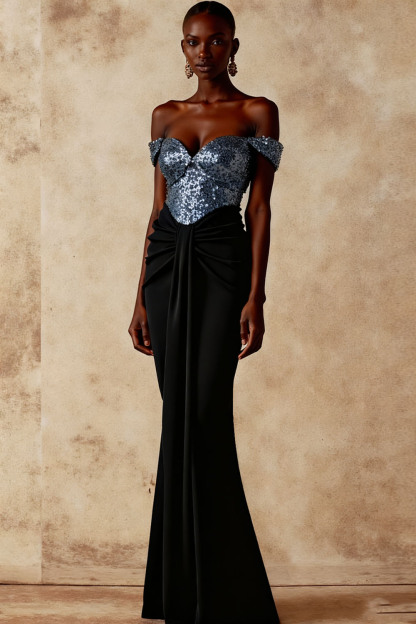 Evening Formal Dress Golden Off the Shoulder Sequin Maxi Dress 