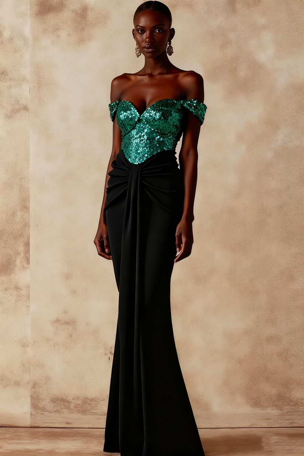 Evening Formal Dress Golden Off the Shoulder Sequin Maxi Dress