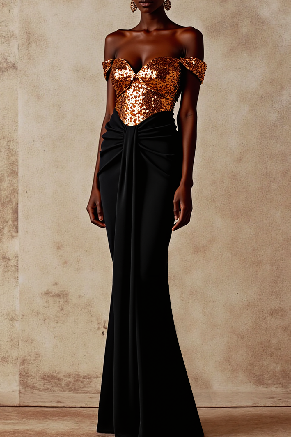 Evening Formal Dress Golden Off the Shoulder Sequin Maxi Dress 