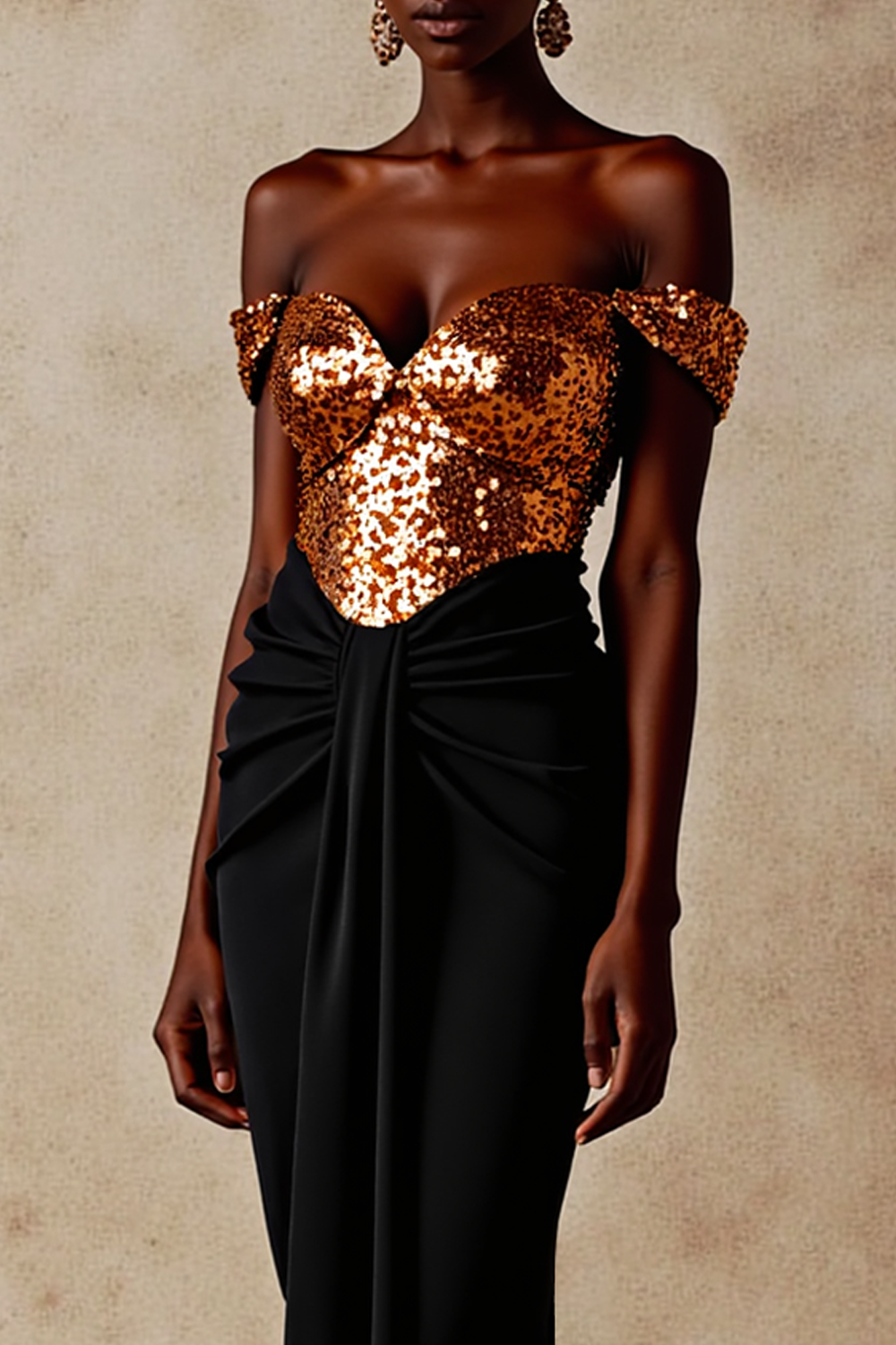 Evening Formal Dress Golden Off the Shoulder Sequin Maxi Dress 