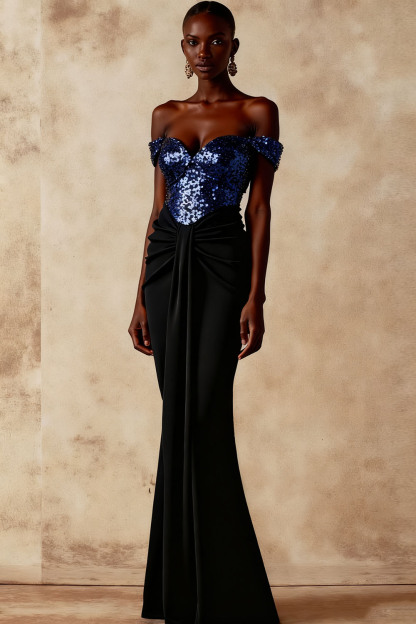 Evening Formal Dress Golden Off the Shoulder Sequin Maxi Dress 