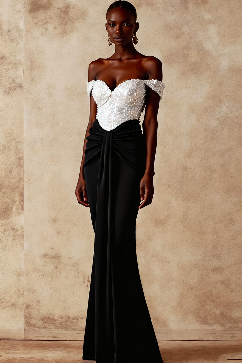 Evening Formal Dress Golden Off the Shoulder Sequin Maxi Dress 