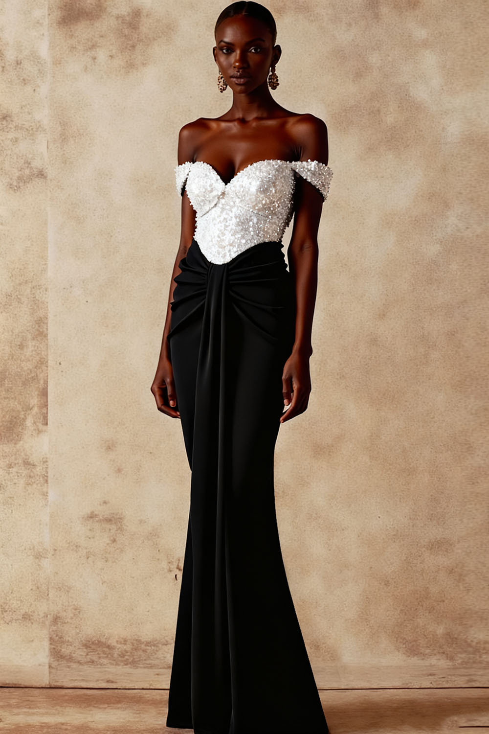 Evening Formal Dress Golden Off the Shoulder Sequin Maxi Dress 