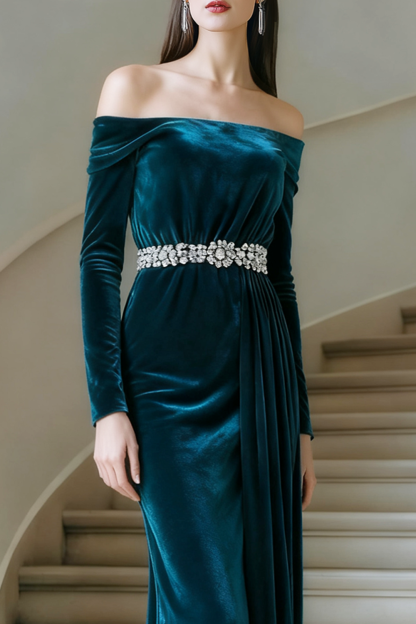Formal Dress Peacock Blue Sheath Off the Shoulder Belted Velvet Maxi Dress 