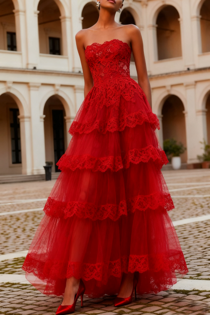 Prom Dress Red Off the Shoulder Lace Tiered Layer Dress Maxi Gown