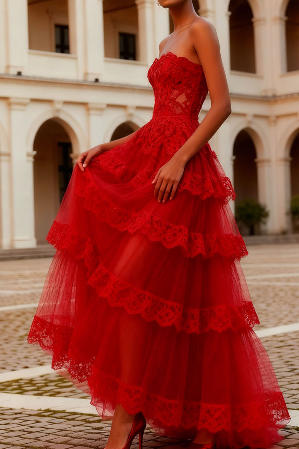 Prom Dress Red Off the Shoulder Lace Tiered Layer Dress Maxi Gown