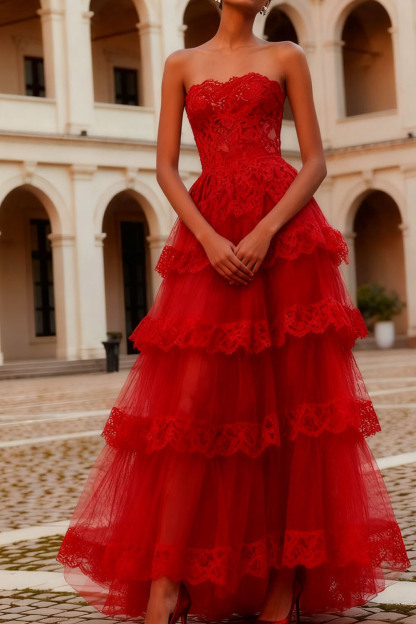 Prom Dress Red Off the Shoulder Lace Tiered Layer Dress Maxi Gown