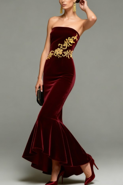 Formal Dress Burgundy Mermaid Off the Shoulder Printed Velvet Maxi Dress