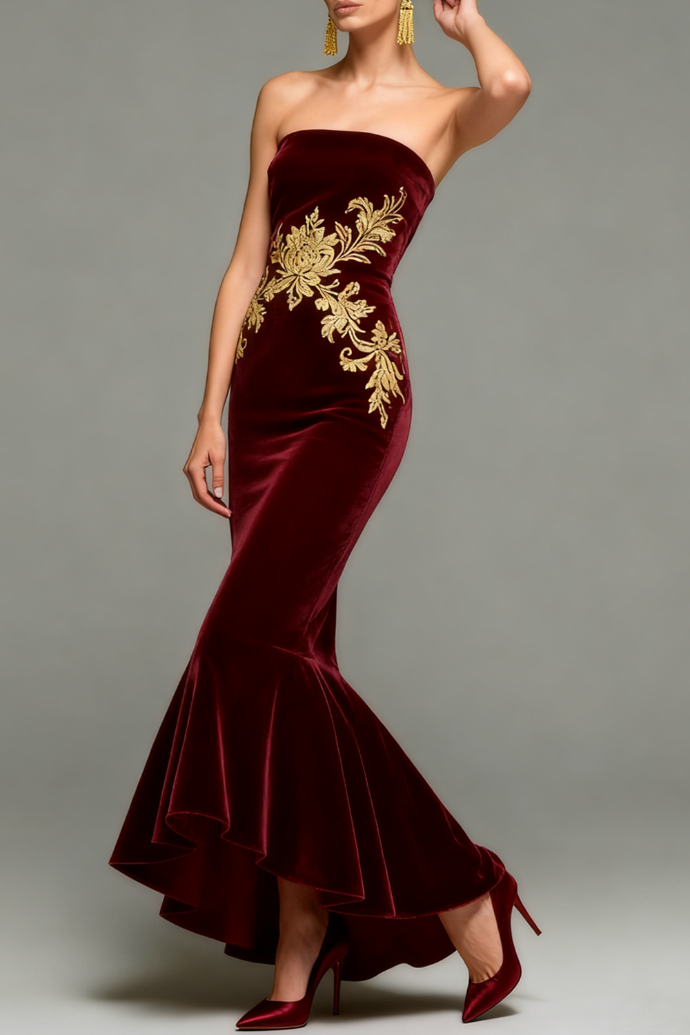 Formal Dress Burgundy Mermaid Off the Shoulder Printed Velvet Maxi Dress