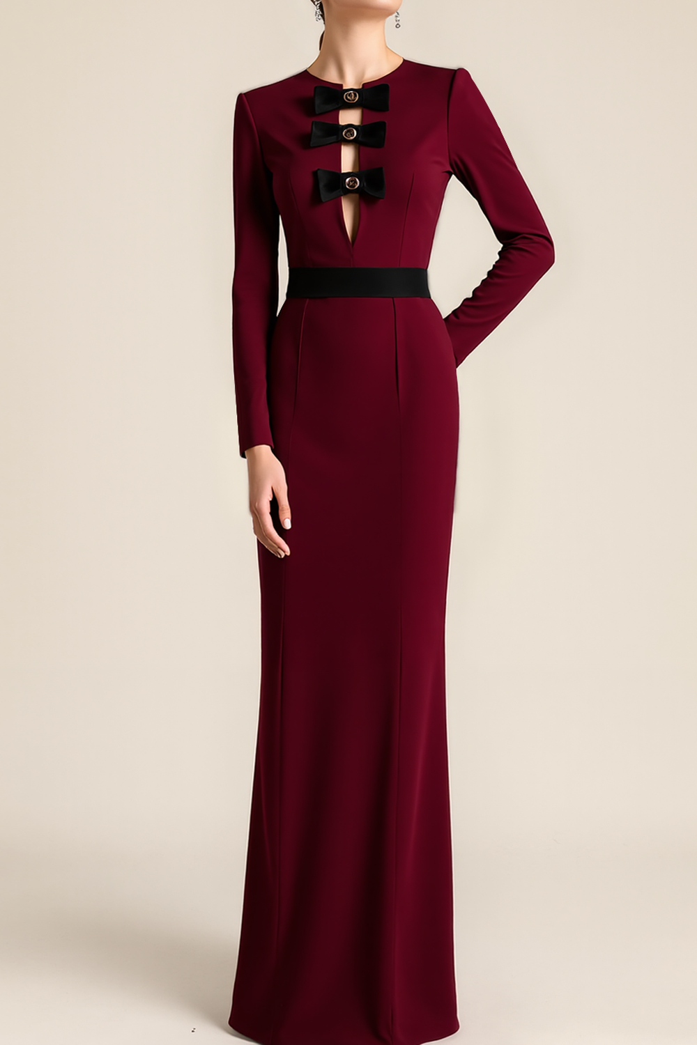 Formal Dress Burgundy Round Neck Long Sleeve Maxi Dress with Bow