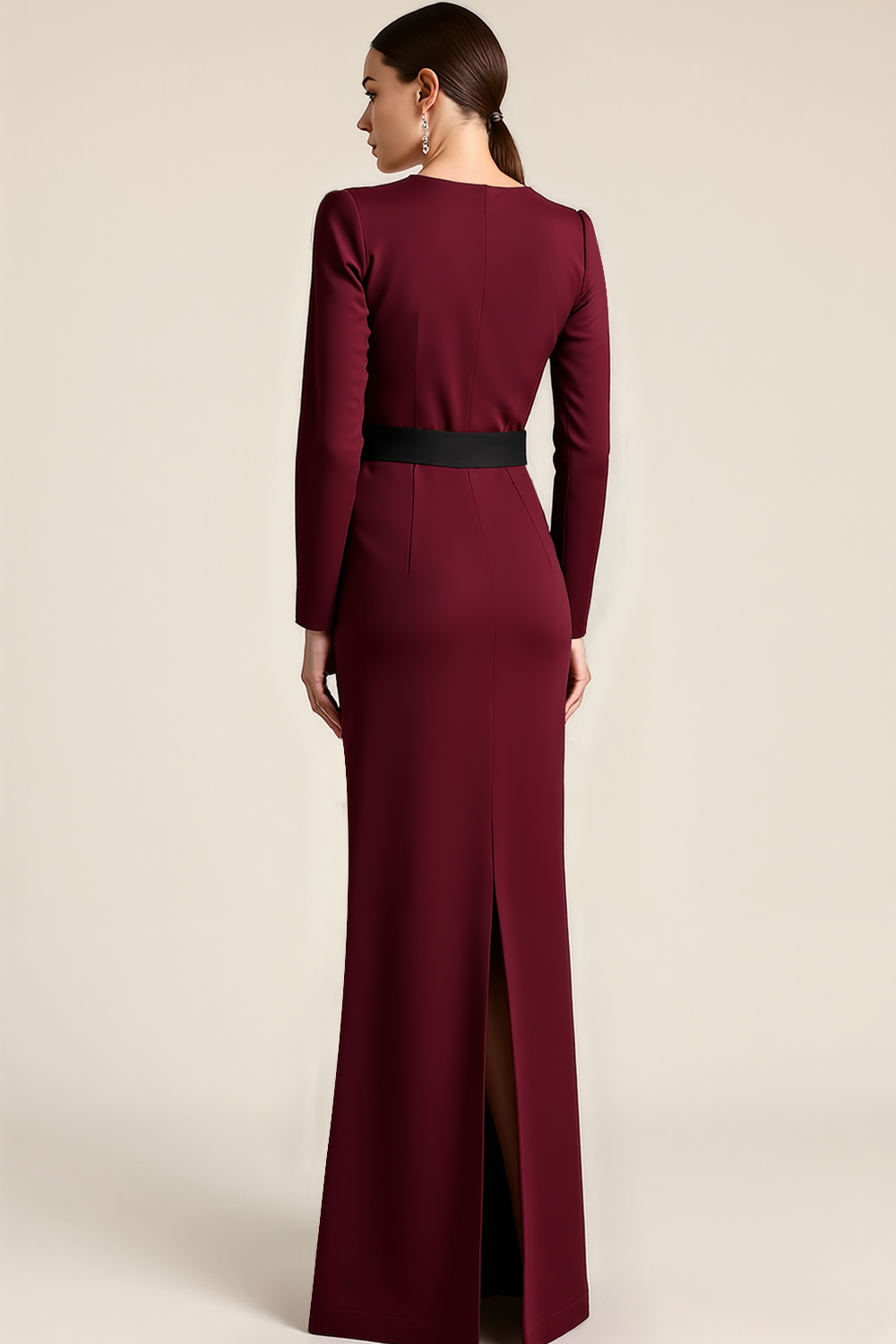 Formal Dress Burgundy Round Neck Long Sleeve Maxi Dress with Bow