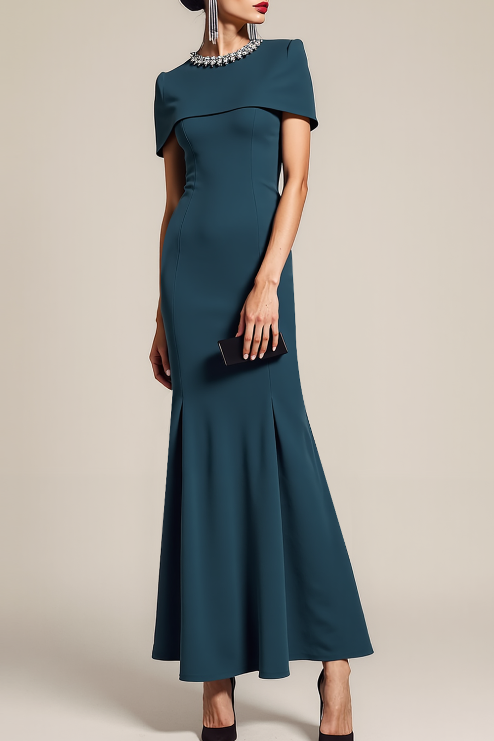Formal Dress Mermaid Peacock Blue Crew Neck Cape Maxi Dress 