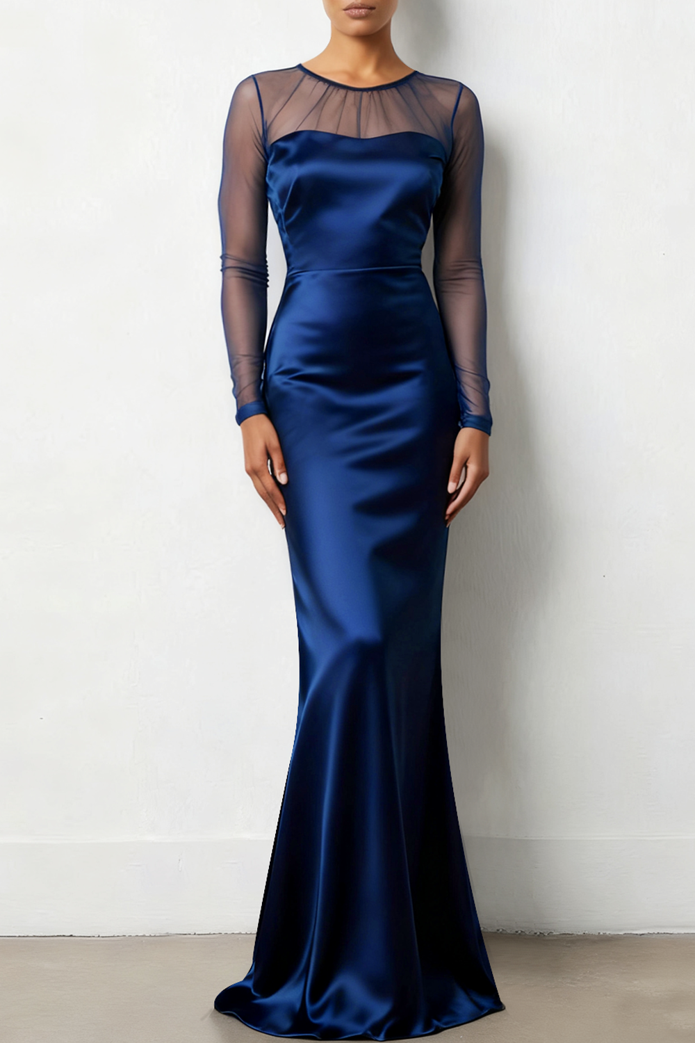 Navy Formal Dress Mermaid Sheer Sleeve Satin Maxi Dress 