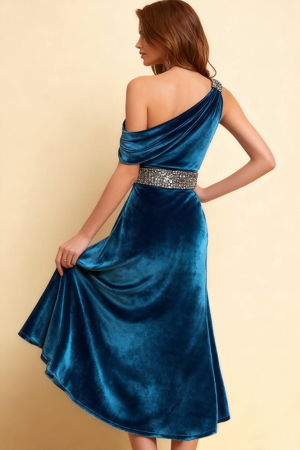 Formal Dress Blue Sheath One Shoulder Belted Velvet Midi Dress