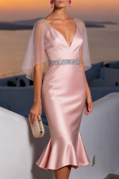 Pink Formal Dress Mermaid V-Neck Satin Midi Dress 