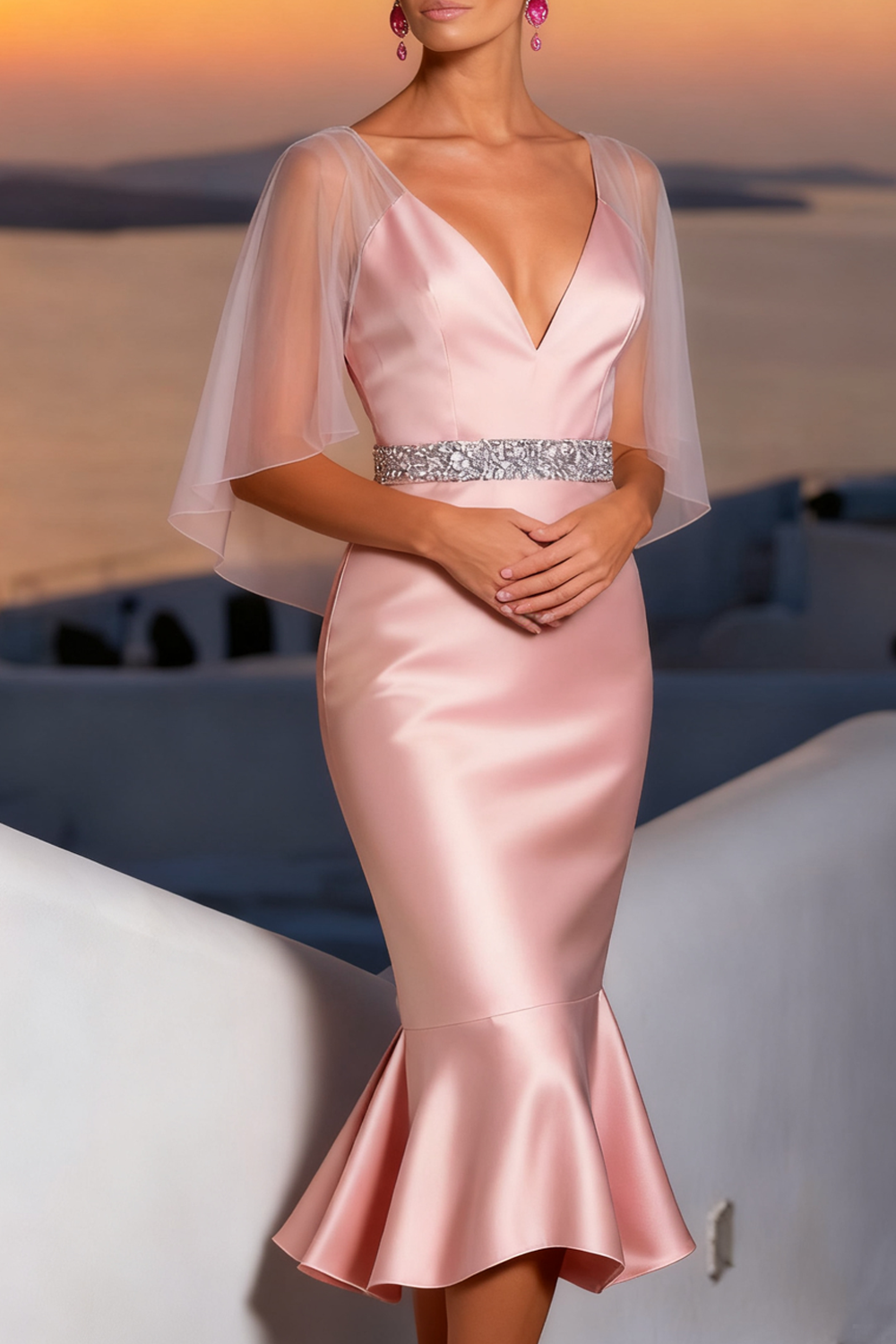 Pink Formal Dress Mermaid V-Neck Satin Midi Dress 