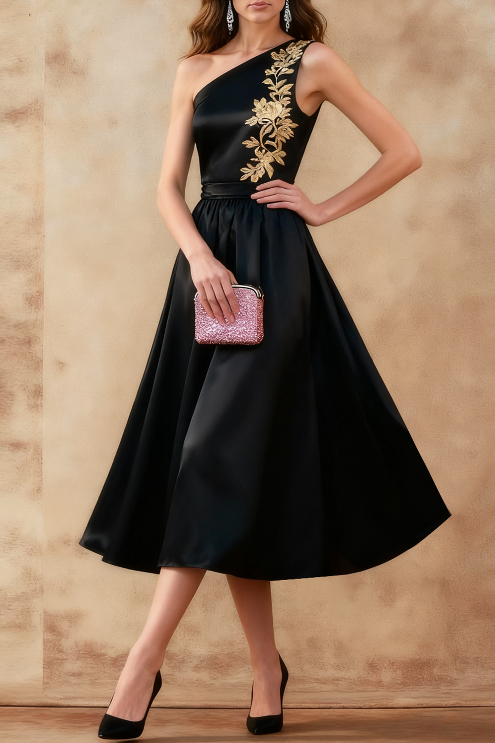 Black Formal Dress A-Line One Shoulder Printed Satin Midi Dress