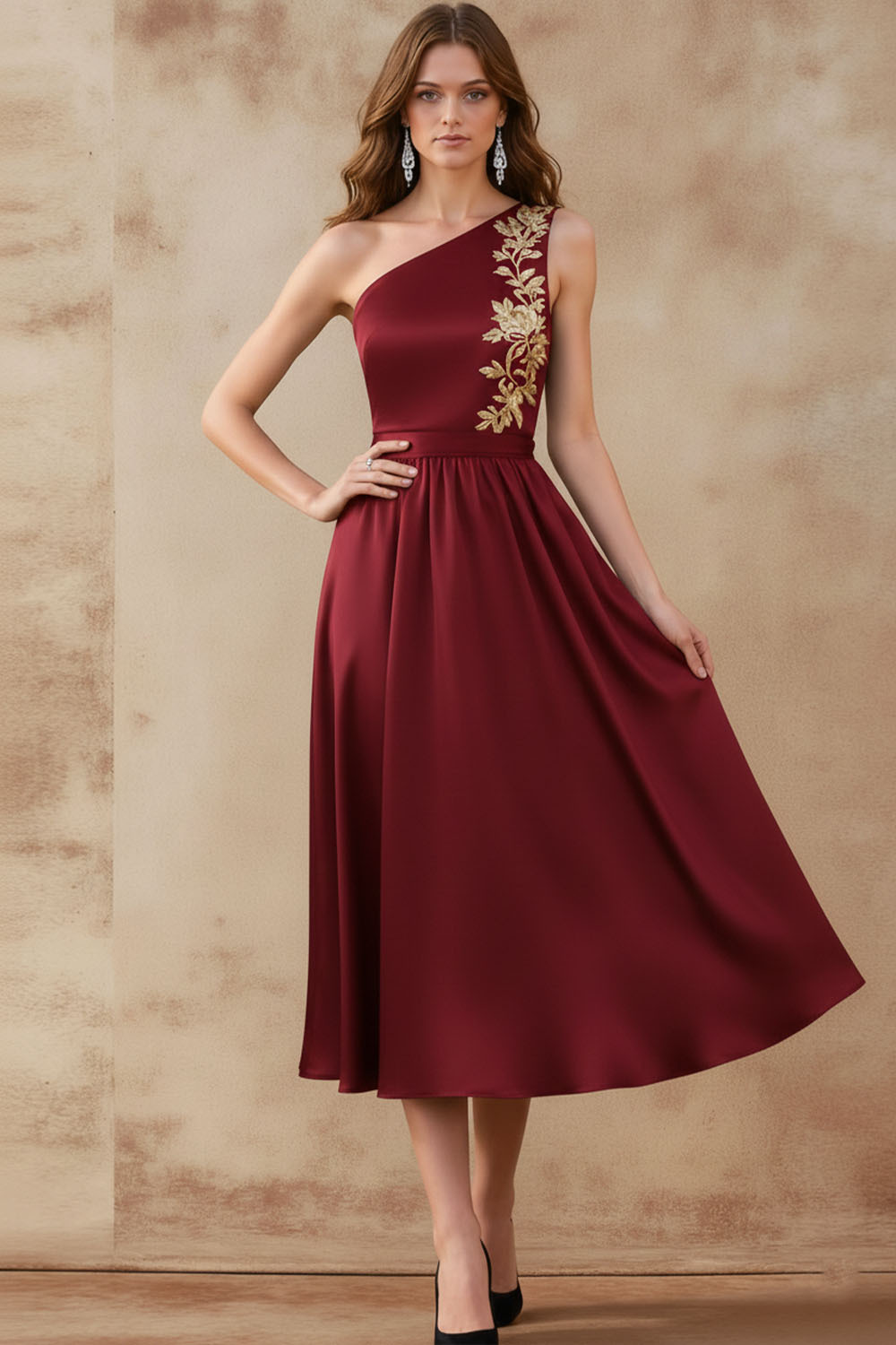 Black Formal Dress A-Line One Shoulder Printed Satin Midi Dress