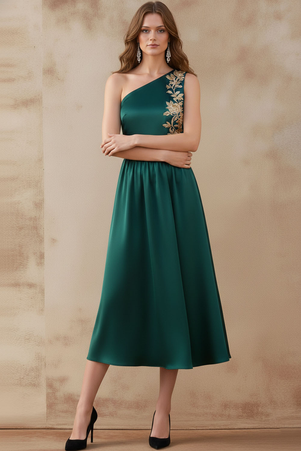 Black Formal Dress A-Line One Shoulder Printed Satin Midi Dress