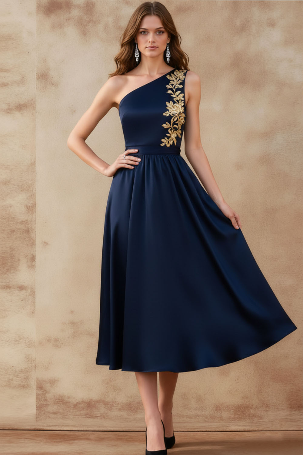 Black Formal Dress A-Line One Shoulder Printed Satin Midi Dress