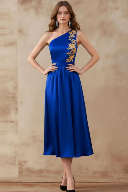 Black Formal Dress A-Line One Shoulder Printed Satin Midi Dress