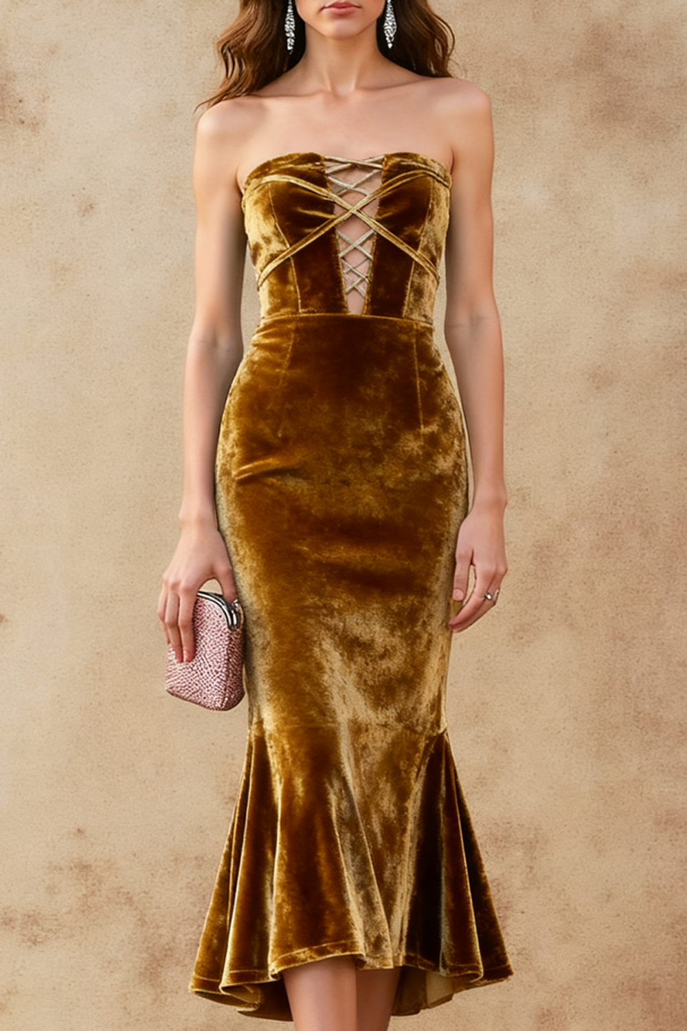 Formal Evening Dress Dark Yellow Mermaid Strapless Velvet Midi Dress