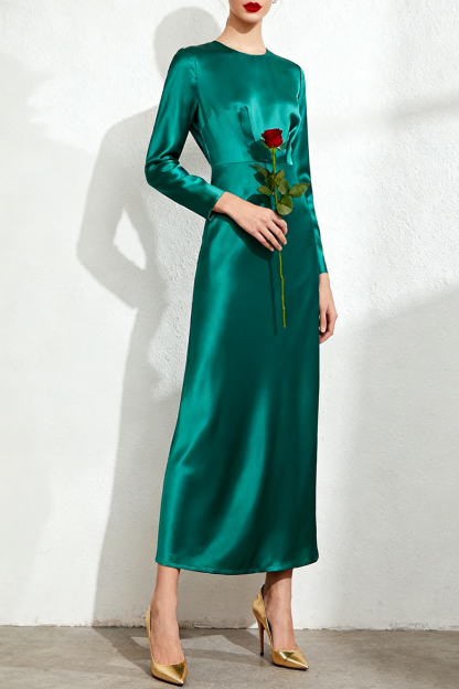 Formal Evening Dress Sheath Emerald Green Round Neck Satin Maxi Dress 
