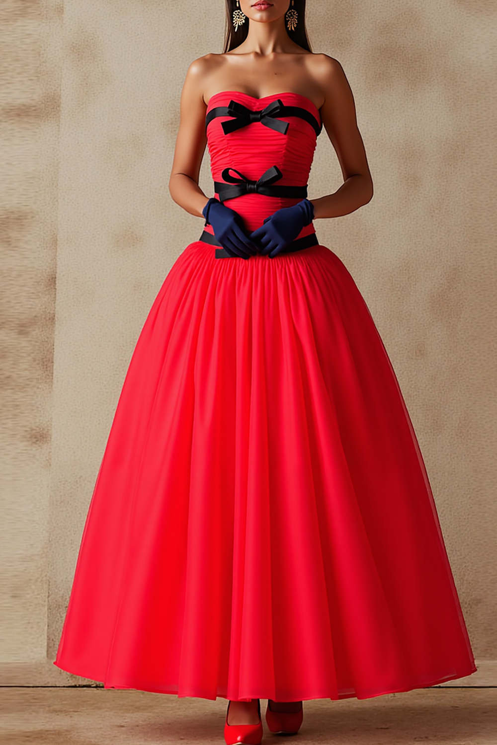 Prom Dress Red Strapless Tulle Bowknot Ball Gown Maxi Dress