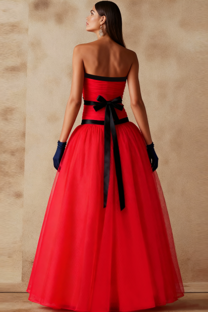 Prom Dress Red Strapless Tulle Bowknot Ball Gown Maxi Dress