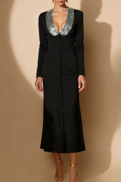 Formal Evening Dress Black Sheath Lapel Long Sleeve Midi Dress