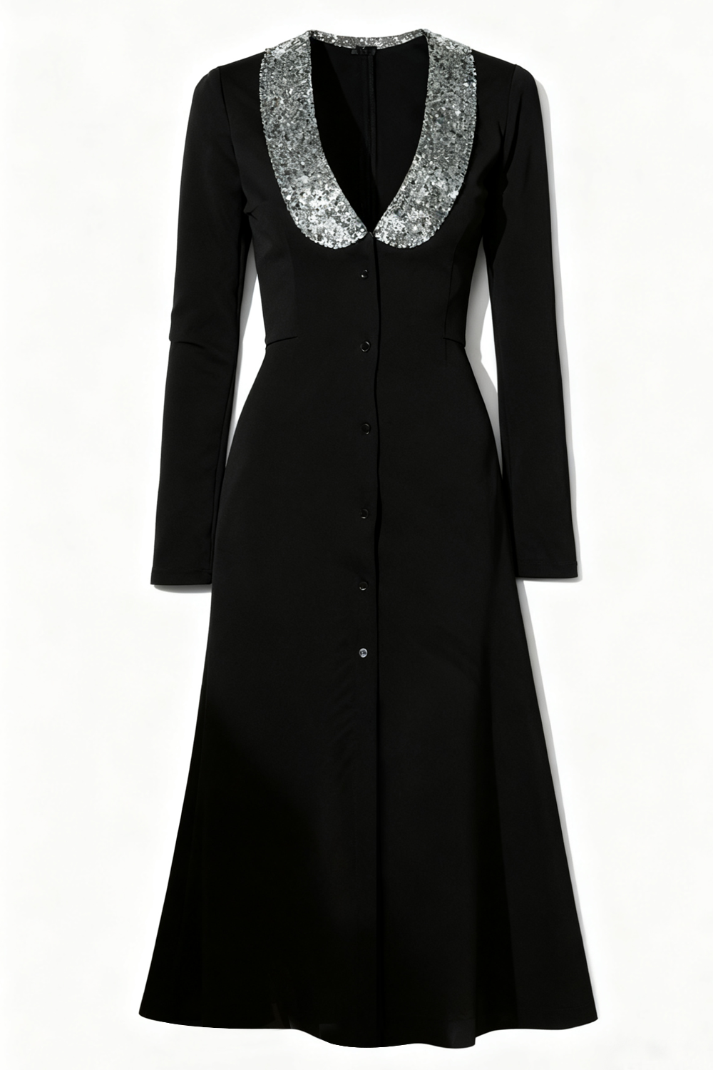 Formal Evening Dress Black Sheath Lapel Long Sleeve Midi Dress