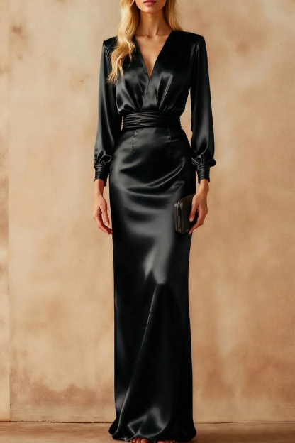 Formal Evening Dress Sheath Fuchsia V-Neck Satin Maxi Dress 