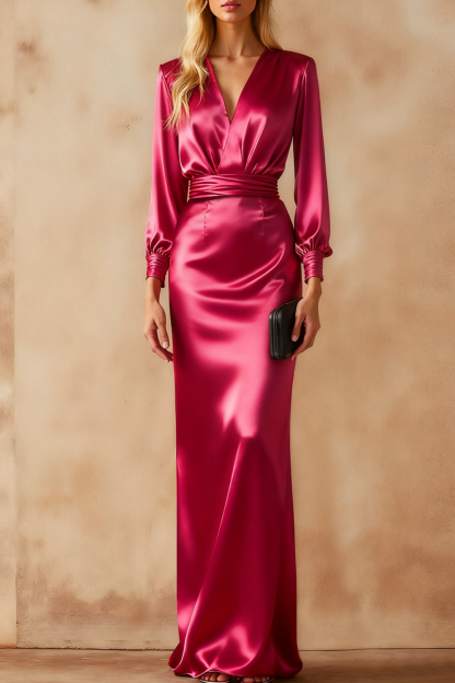 Formal Evening Dress Sheath Fuchsia V-Neck Satin Maxi Dress 
