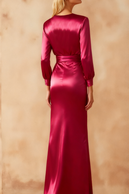 Formal Evening Dress Sheath Fuchsia V-Neck Satin Maxi Dress 