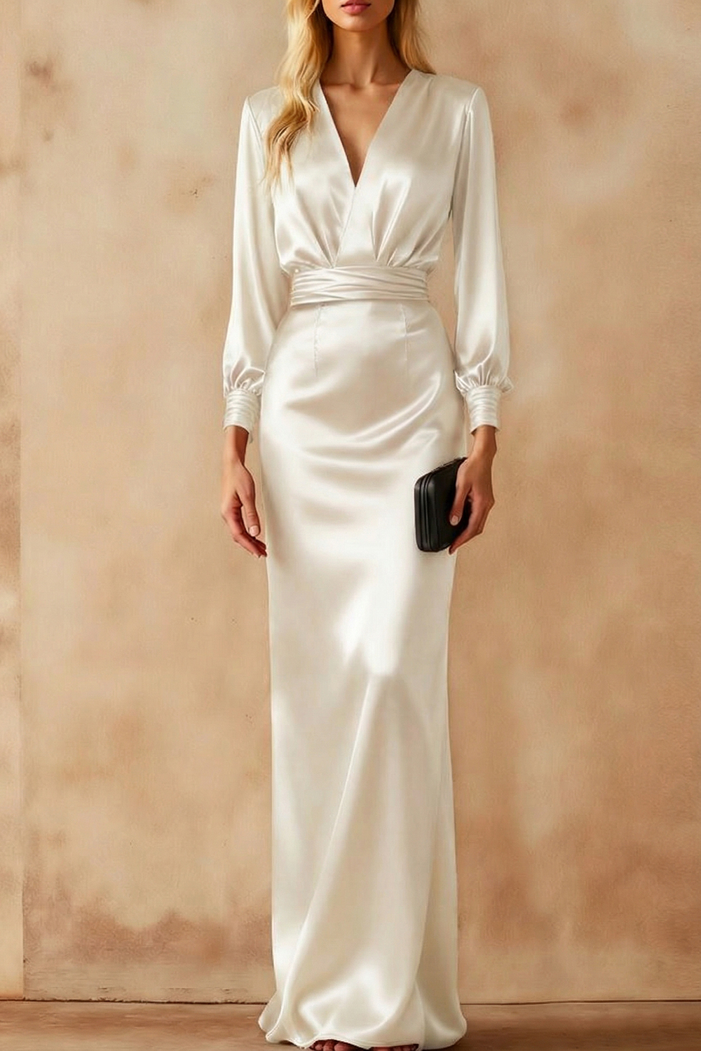 Formal Evening Dress Sheath Fuchsia V-Neck Satin Maxi Dress