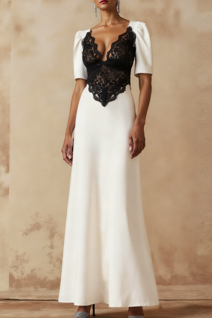 White Formal Evening Dress Sheath V-Neck Lace Maxi Dress 