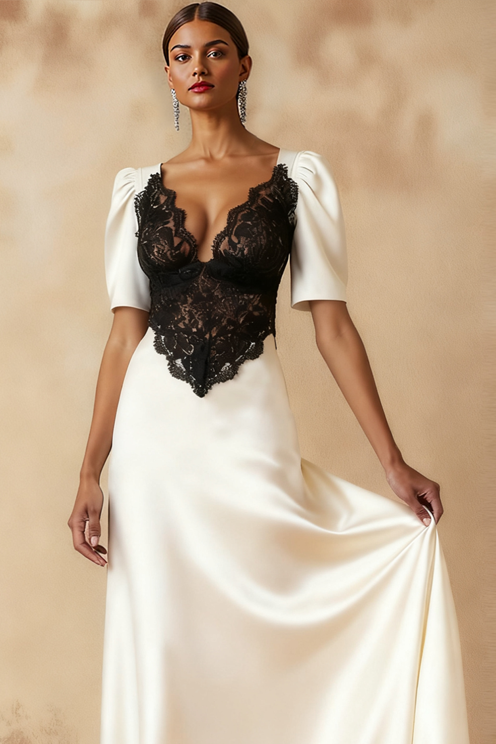 White Formal Evening Dress Sheath V-Neck Lace Maxi Dress 