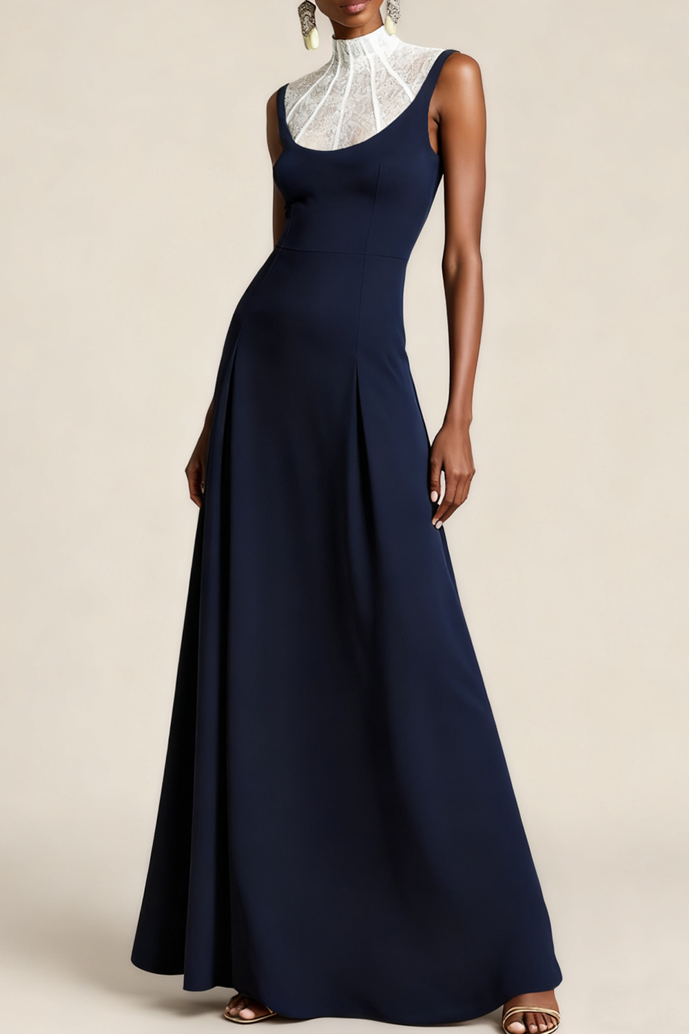 Formal Dress Sheath Navy High Neck Sleeveless Maxi Dress
