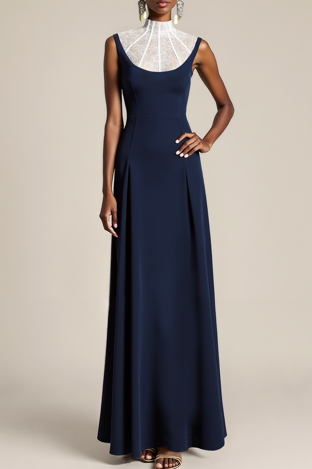 Formal Dress Sheath Navy High Neck Sleeveless Maxi Dress 