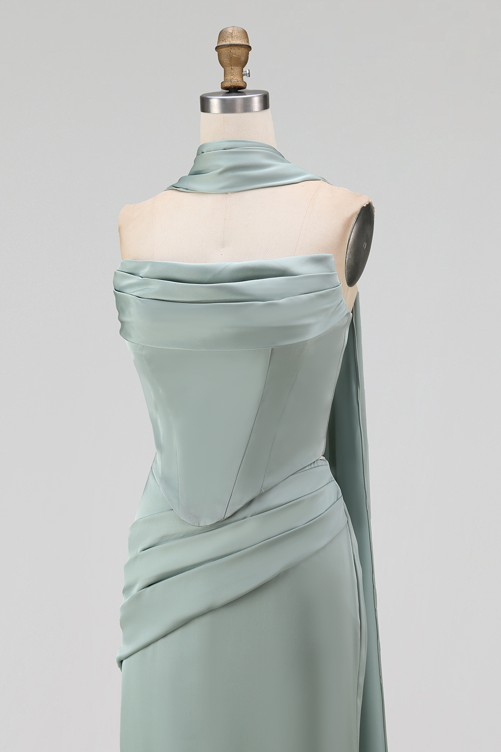 Evening Formal Dress Black Strapless Satin Maxi Dress with Scarf