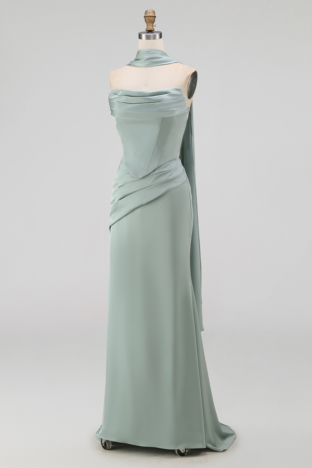 Evening Formal Dress Black Strapless Satin Maxi Dress with Scarf