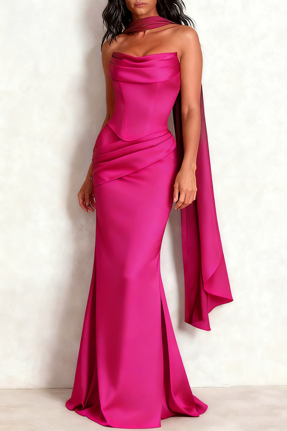 Evening Formal Dress Black Strapless Satin Maxi Dress with Scarf