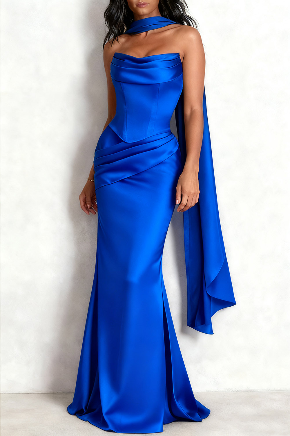 Evening Formal Dress Black Strapless Satin Maxi Dress with Scarf