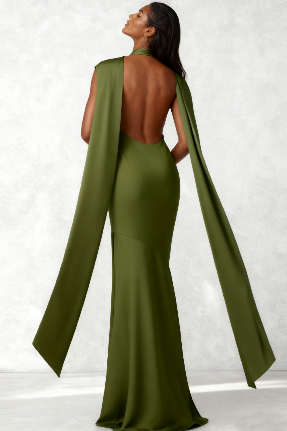 Evening Formal Dress Mermaid Olive Halter Satin Scarf Maxi Dress 