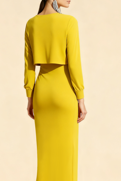 Yellow Formal Dress Sheath Crew Neck Maxi Dress with Slit